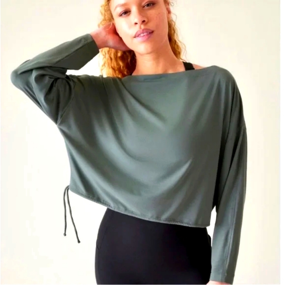 ATHLETA Cool Down Top Fern Green Loose Fitting Crop Top with Ties